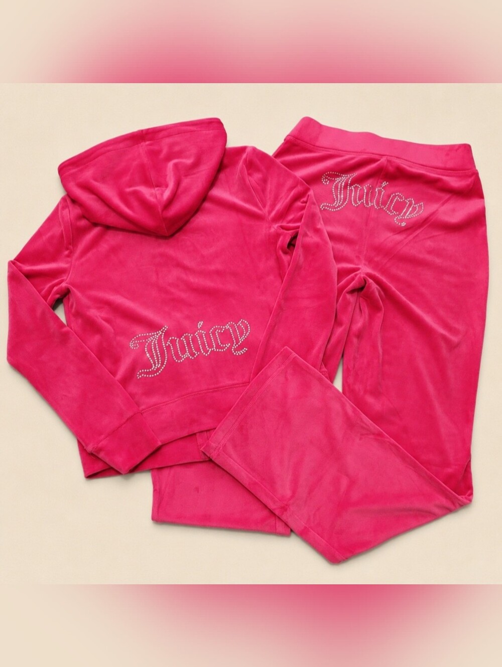 Juicy Couture Pink Velour Rhinestone Hallow Logo Zip Hoodie & Pants Set - XS